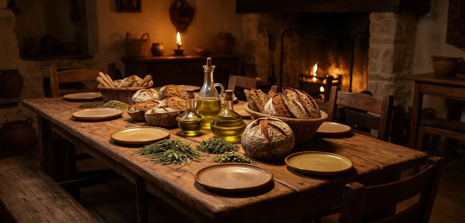 A communal table set for a meal
